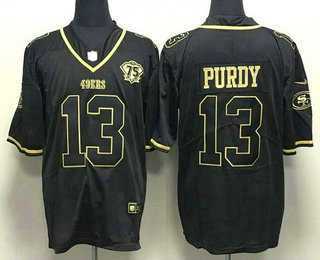 Men%27s San Francisco 49ers #13 Brock Purdy Black Gold With 75th Anniversary Patch Stitched Jersey